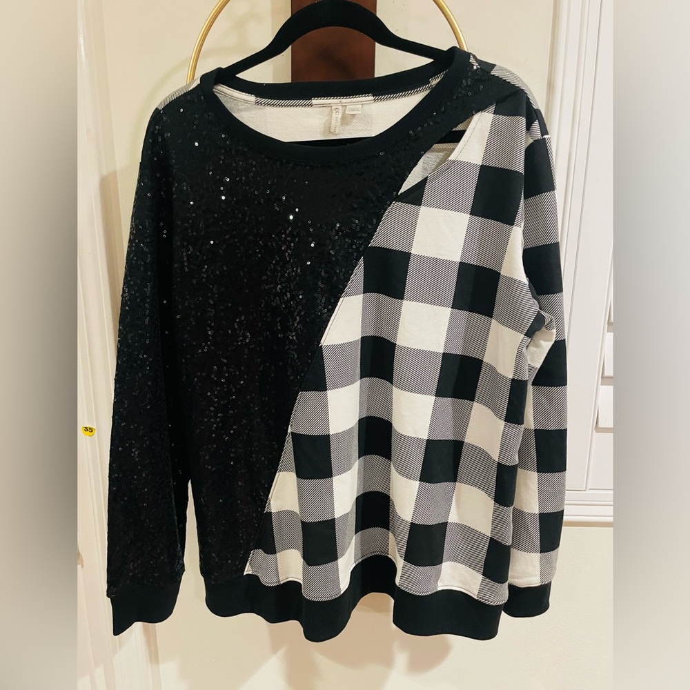 Cato Black Sweatshirt with Black-and-White Houndstooth Panel and black sequins